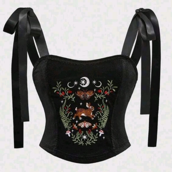 Tops - NEW Black velvet Corset Top with Embroidered Design Moon And Rabbit